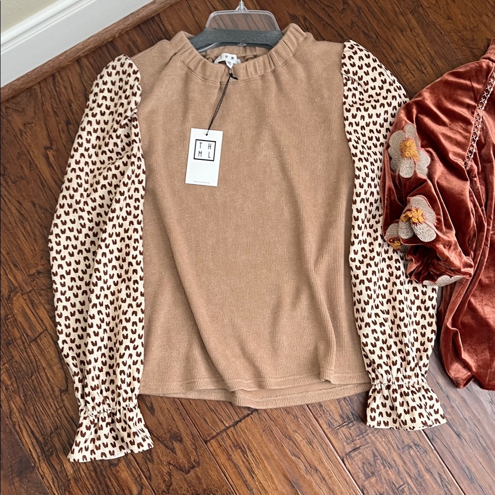 THML Lit of 2 Tan Sweater with Leopard Sleeves and Rust Velvet Top - Picture 2 of 3